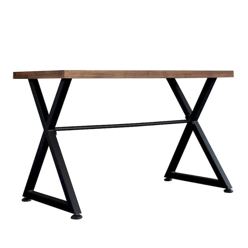 Scrivania industriale per computer con piano in legno massello e base metallica a X