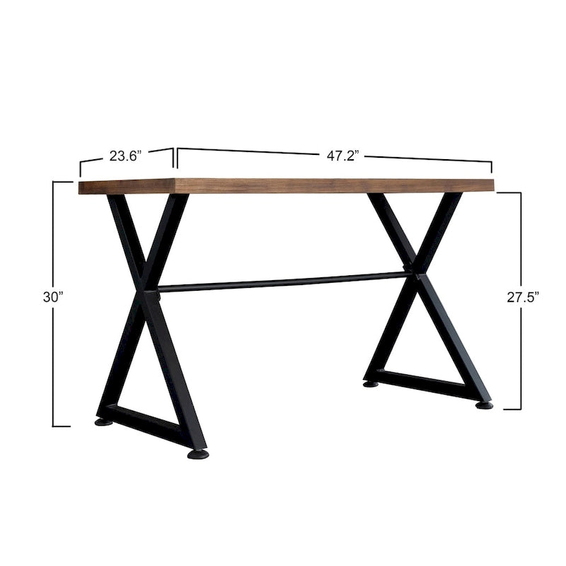 Scrivania industriale per computer con piano in legno massello e base metallica a X