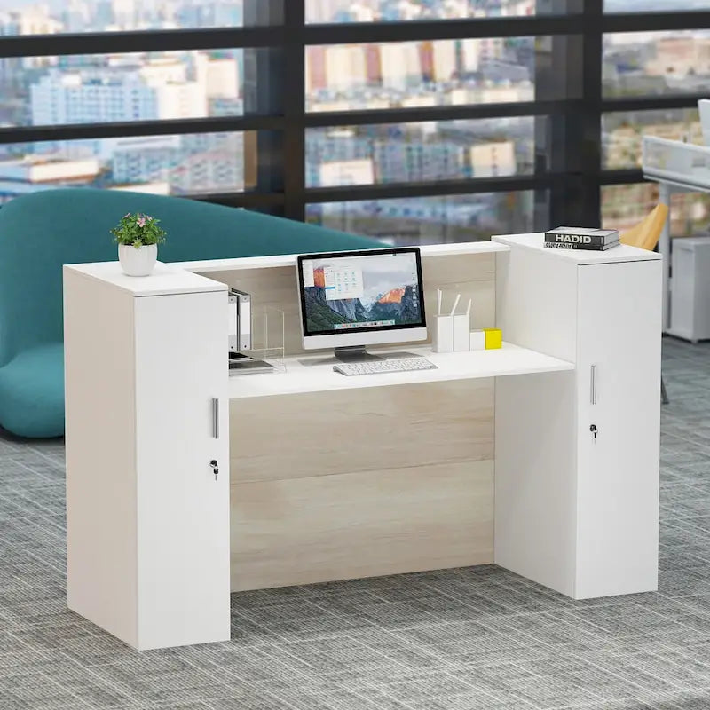 70.9-inch Reception Desk with Scratch-Resistant Laminate Finish - White and Ivory