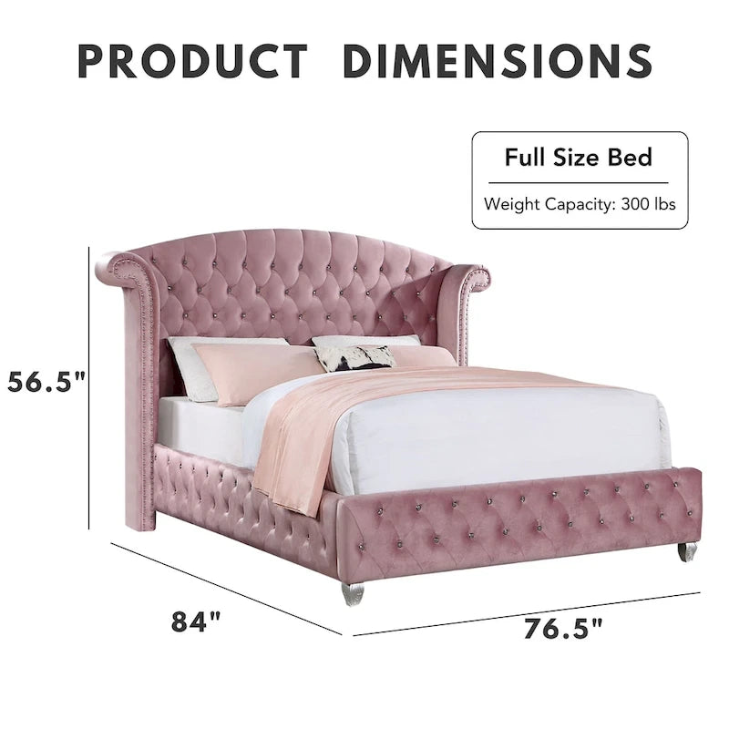 Glam Pink Velvet Wingback Panel Bed with Button Tufting and Nailhead Trim