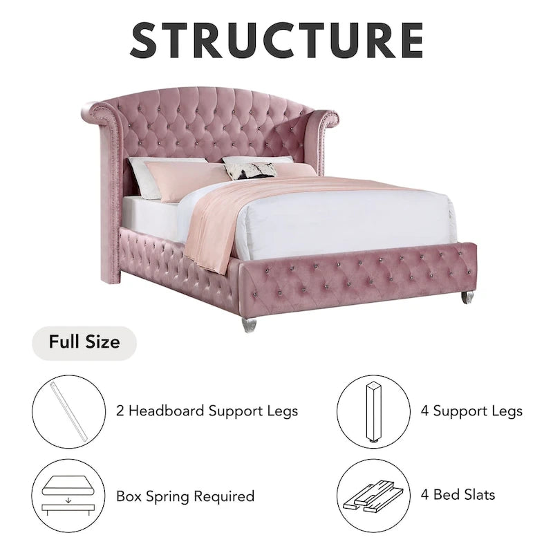 Glam Pink Velvet Wingback Panel Bed with Button Tufting and Nailhead Trim