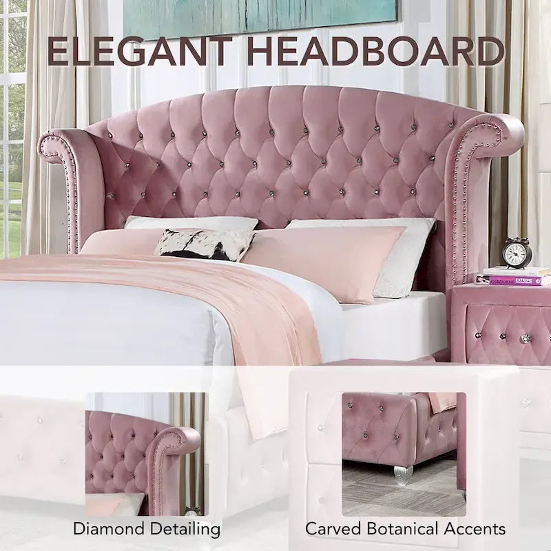 Glam Pink Velvet Wingback Panel Bed with Button Tufting and Nailhead Trim