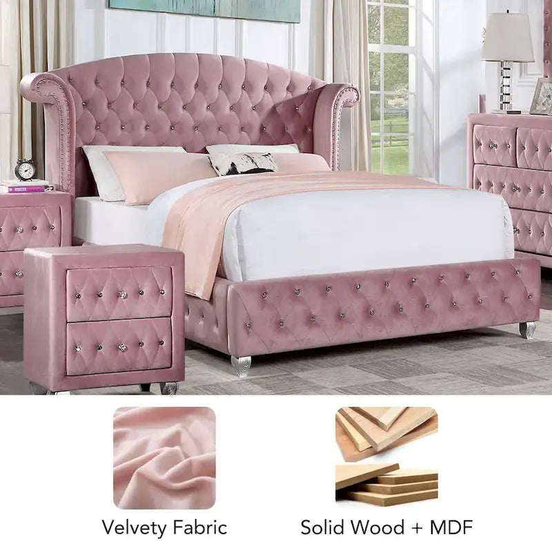 Glam Pink Velvet Wingback Panel Bed with Button Tufting and Nailhead Trim