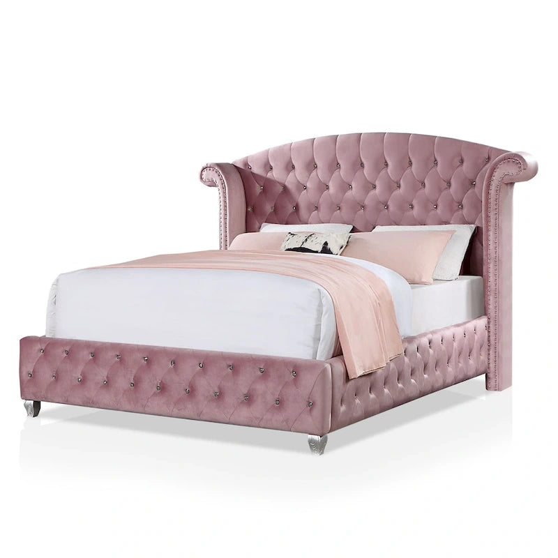Glam Pink Velvet Wingback Panel Bed with Button Tufting and Nailhead Trim