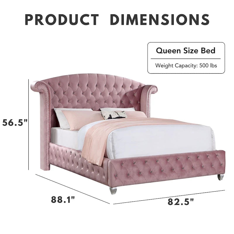Glam Pink Velvet Wingback Panel Bed with Button Tufting and Nailhead Trim