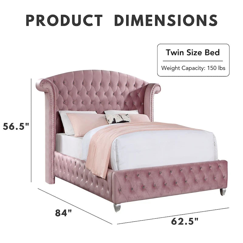 Glam Pink Velvet Wingback Panel Bed with Button Tufting and Nailhead Trim