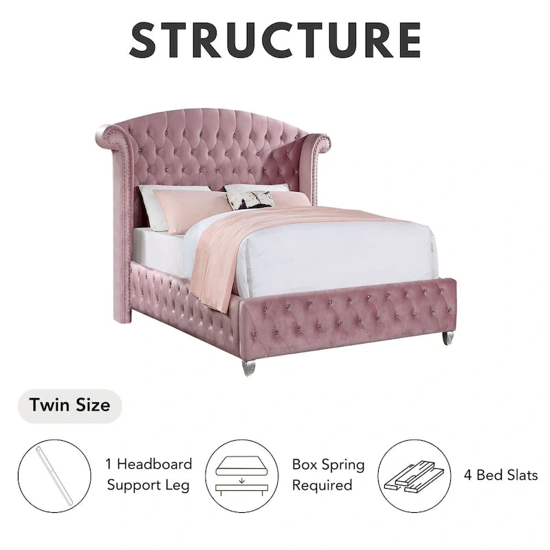 Glam Pink Velvet Wingback Panel Bed with Button Tufting and Nailhead Trim