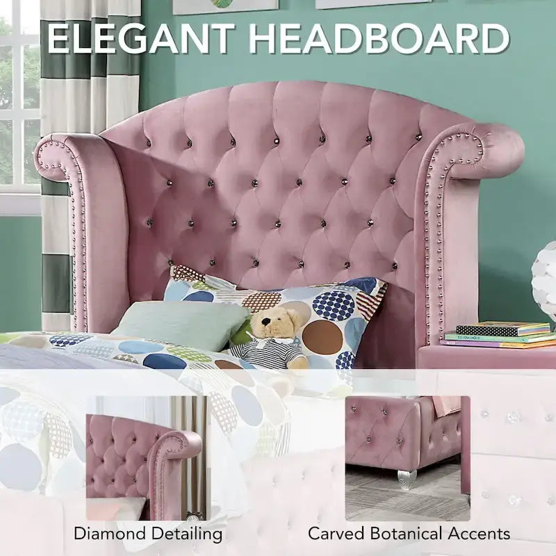 Glam Pink Velvet Wingback Panel Bed with Button Tufting and Nailhead Trim