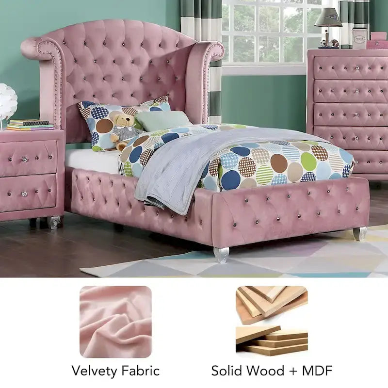 Glam Pink Velvet Wingback Panel Bed with Button Tufting and Nailhead Trim