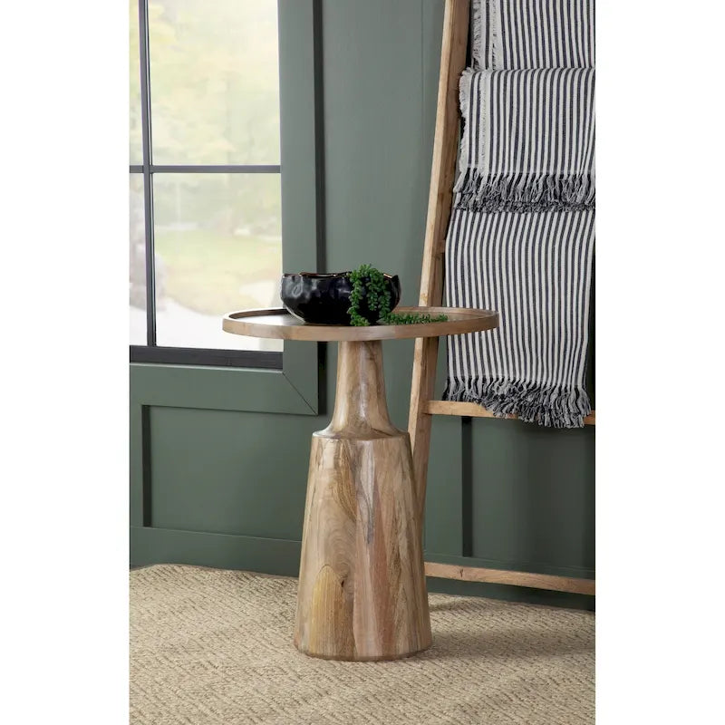 Round Mango Wood Pedestal Accent Table - Natural or Black Stain
