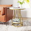 2-Tier Round Side Table in White and Gold with Metal Frame