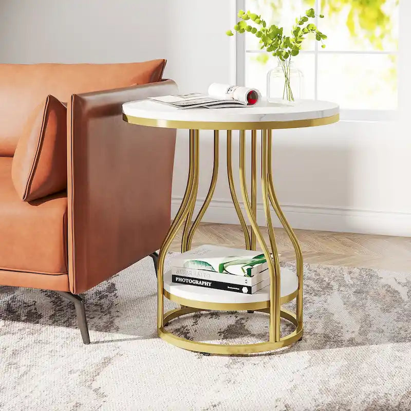 2-Tier Round Side Table in White and Gold with Metal Frame