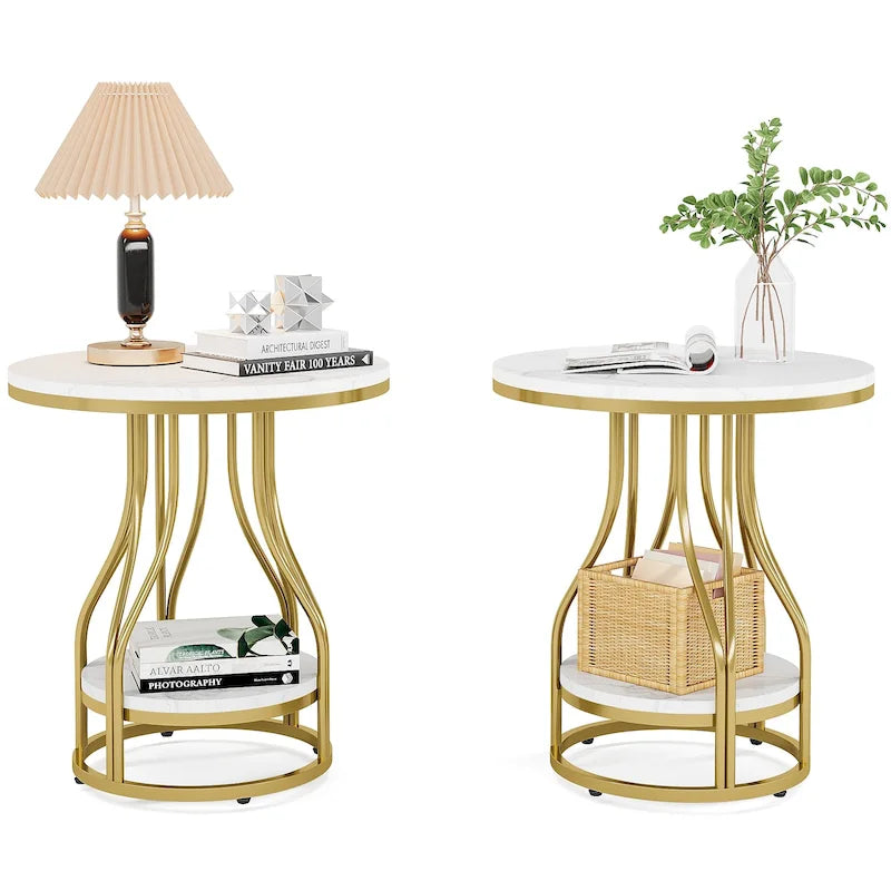 2-Tier Round Side Table in White and Gold with Metal Frame