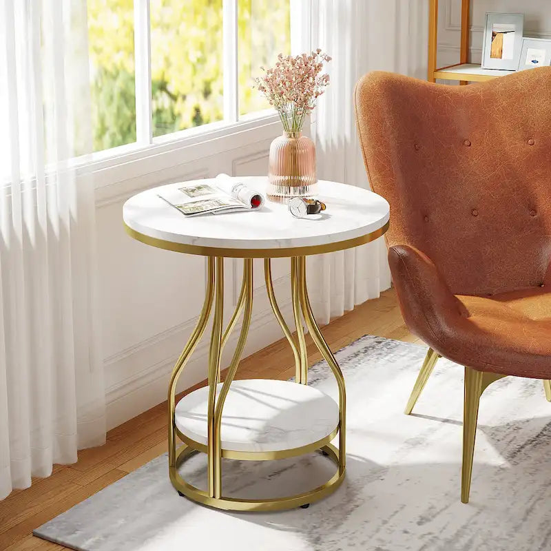 2-Tier Round Side Table in White and Gold with Metal Frame