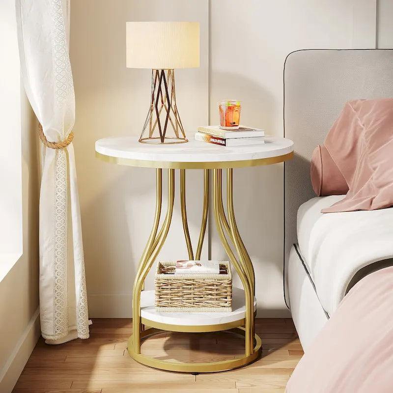 2-Tier Round Side Table in White and Gold with Metal Frame