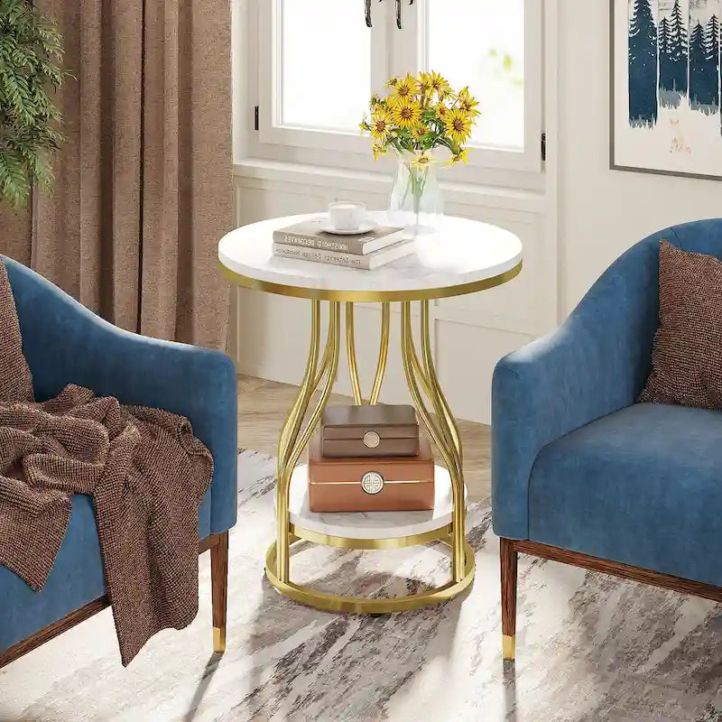 2-Tier Round Side Table in White and Gold with Metal Frame