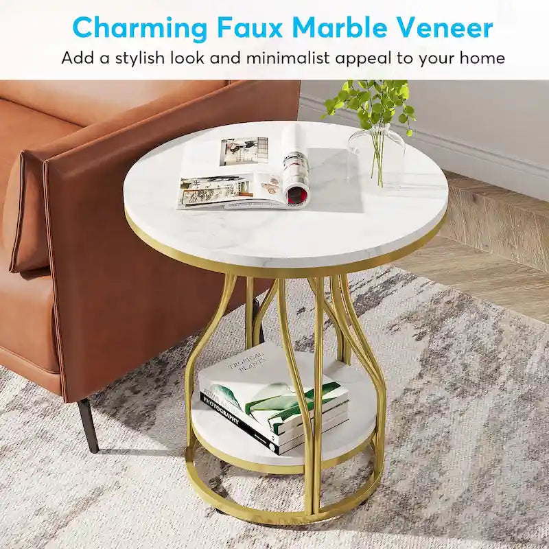 2-Tier Round Side Table in White and Gold with Metal Frame