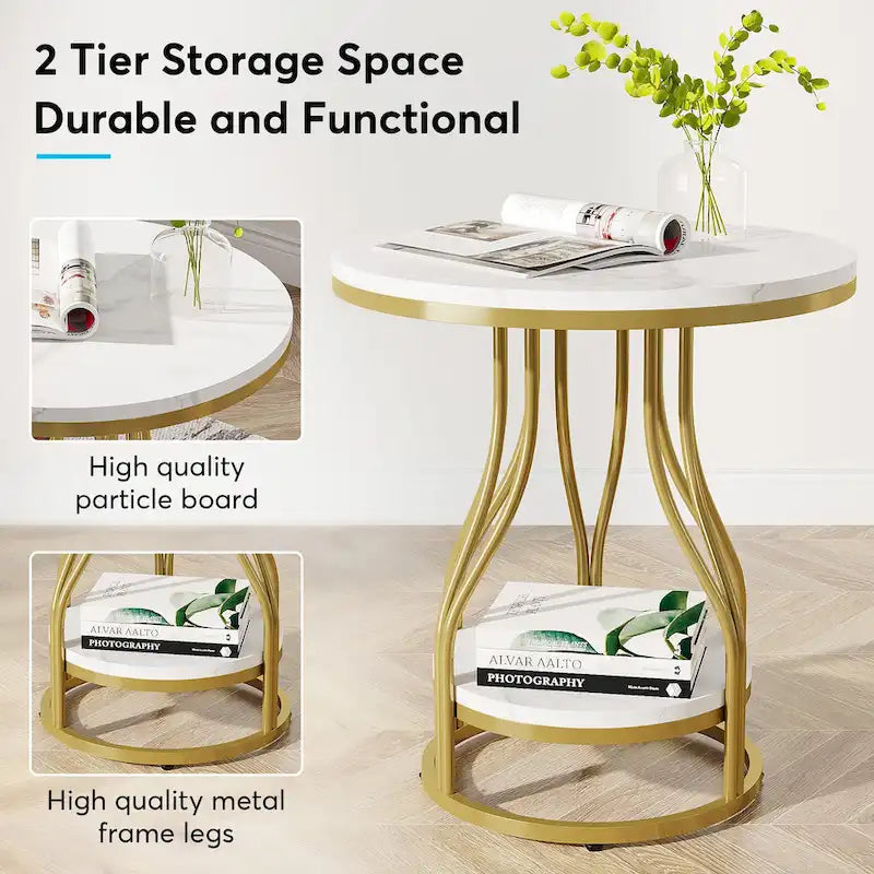 2-Tier Round Side Table in White and Gold with Metal Frame