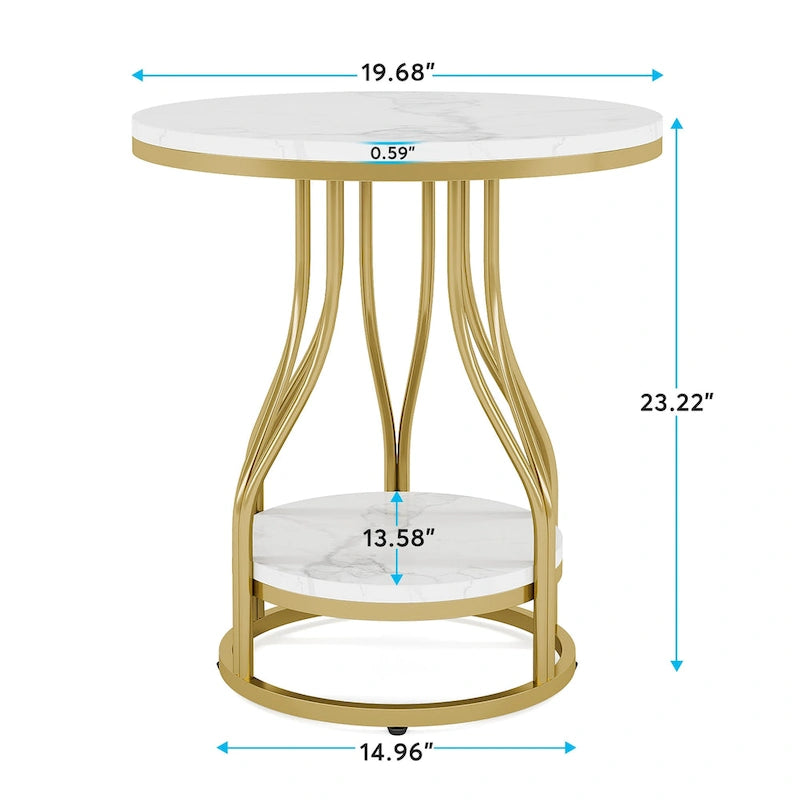 2-Tier Round Side Table in White and Gold with Metal Frame