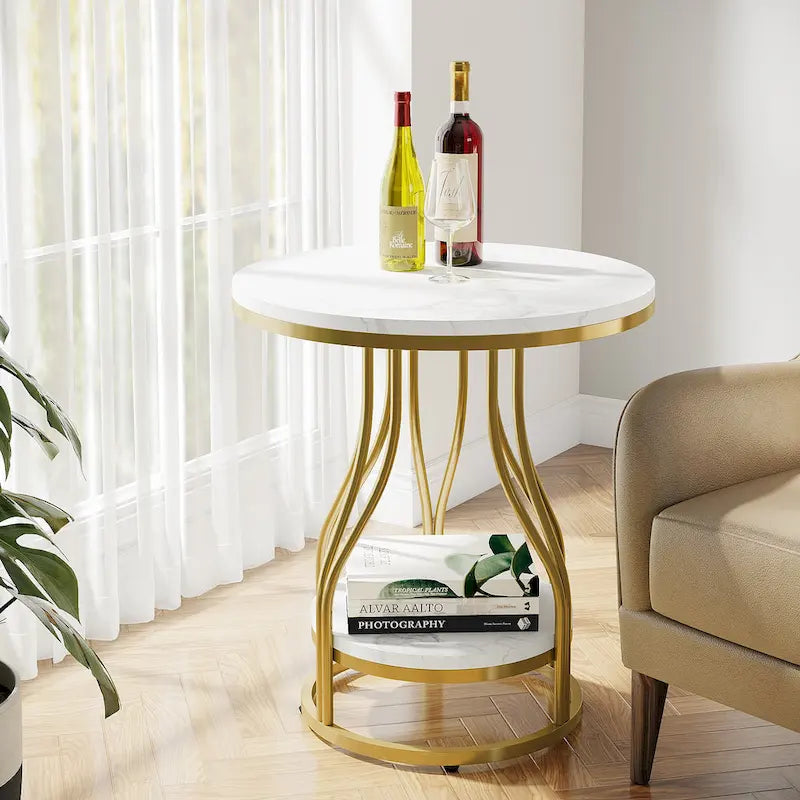 2-Tier Round Side Table in White and Gold with Metal Frame
