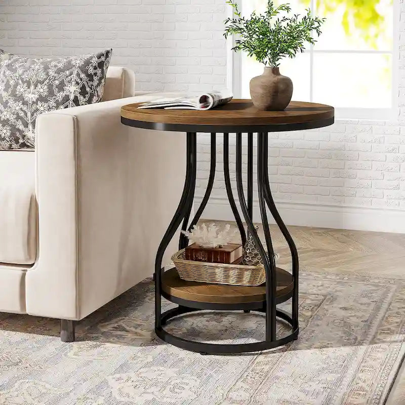 2-Tier Round Side Table in White and Gold with Metal Frame