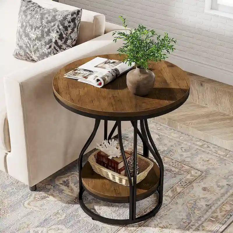 2-Tier Round Side Table in White and Gold with Metal Frame