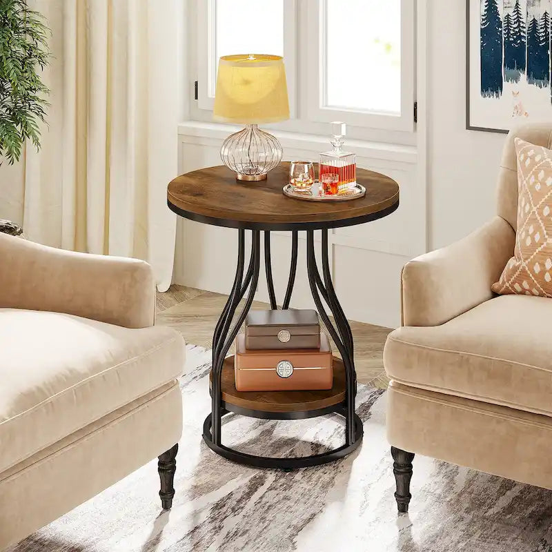 2-Tier Round Side Table in White and Gold with Metal Frame