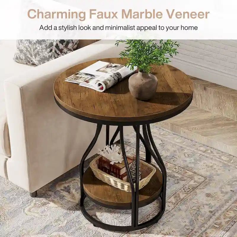 2-Tier Round Side Table in White and Gold with Metal Frame