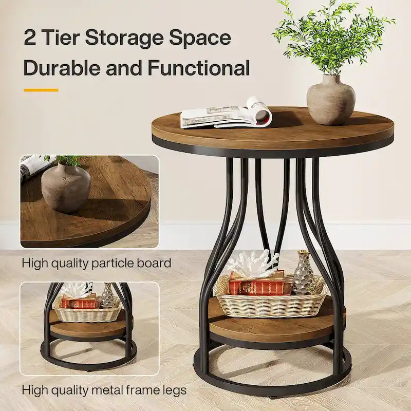 2-Tier Round Side Table in White and Gold with Metal Frame