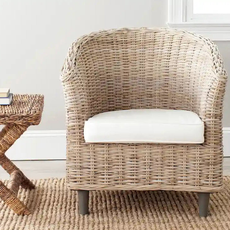 British Colonial Woven Rattan Barrel Chair with Cushion - 29W x 27D x 33H in.
