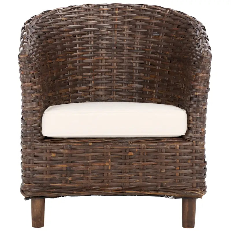 British Colonial Woven Rattan Barrel Chair with Cushion - 29W x 27D x 33H in.
