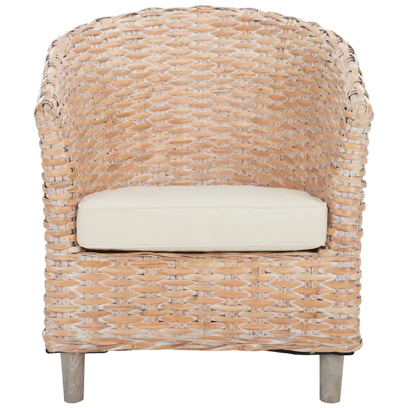 British Colonial Woven Rattan Barrel Chair with Cushion - 29W x 27D x 33H in.