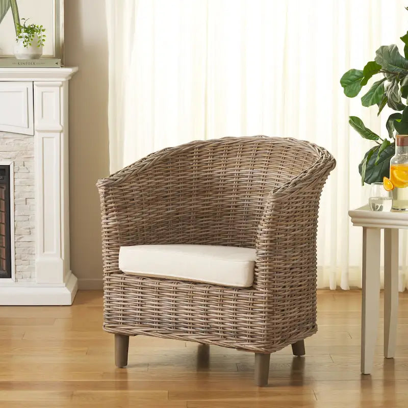 British Colonial Woven Rattan Barrel Chair with Cushion - 29W x 27D x 33H in.