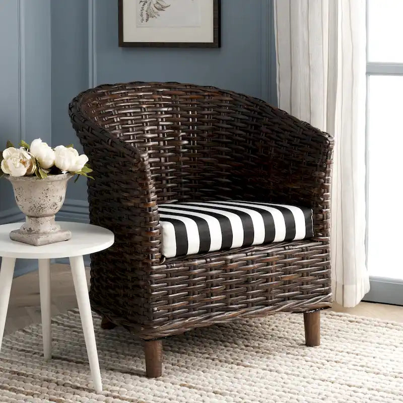 British Colonial Woven Rattan Barrel Chair with Cushion - 29W x 27D x 33H in.