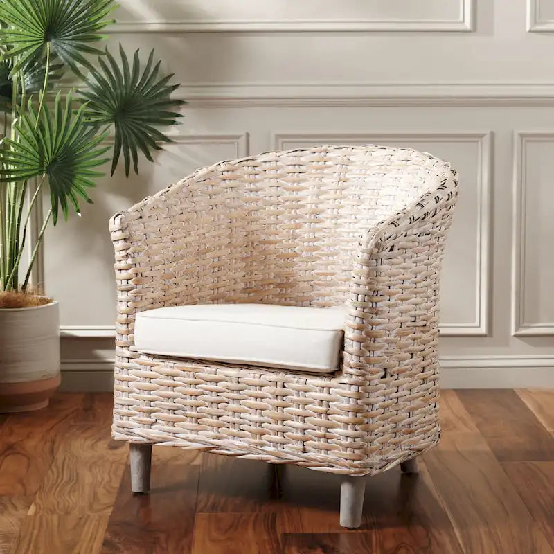 British Colonial Woven Rattan Barrel Chair with Cushion - 29W x 27D x 33H in.