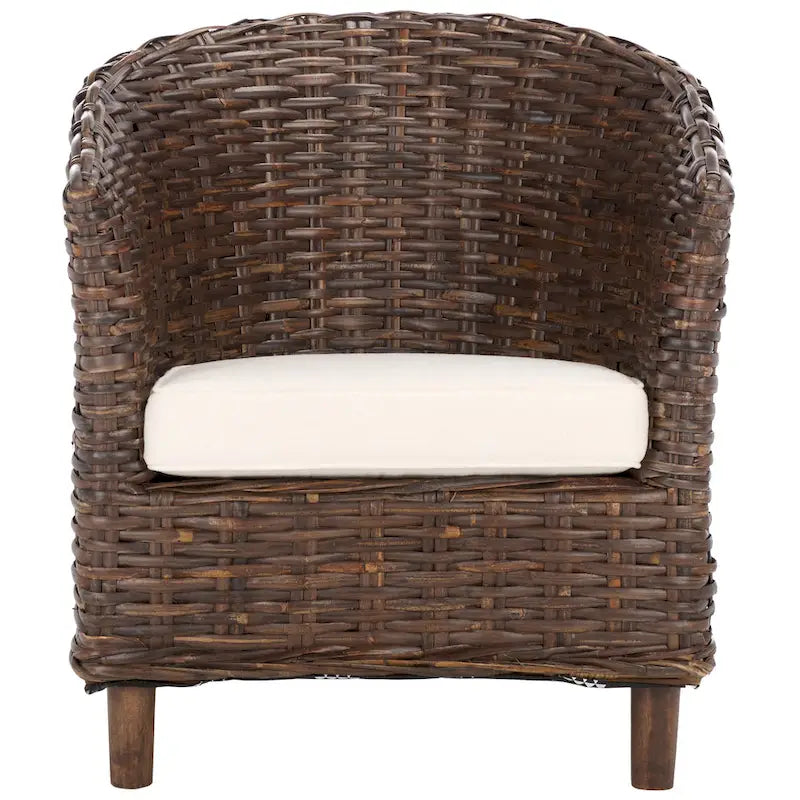 British Colonial Woven Rattan Barrel Chair with Cushion - 29W x 27D x 33H in.