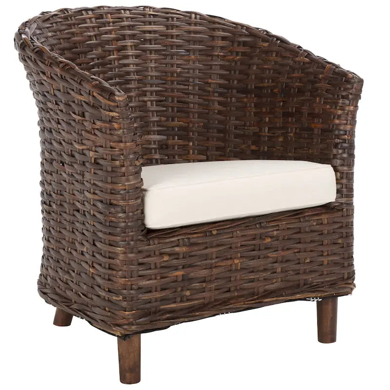 British Colonial Woven Rattan Barrel Chair with Cushion - 29W x 27D x 33H in.