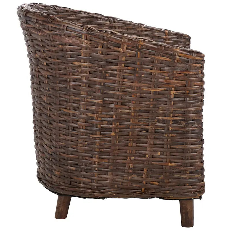 British Colonial Woven Rattan Barrel Chair with Cushion - 29W x 27D x 33H in.