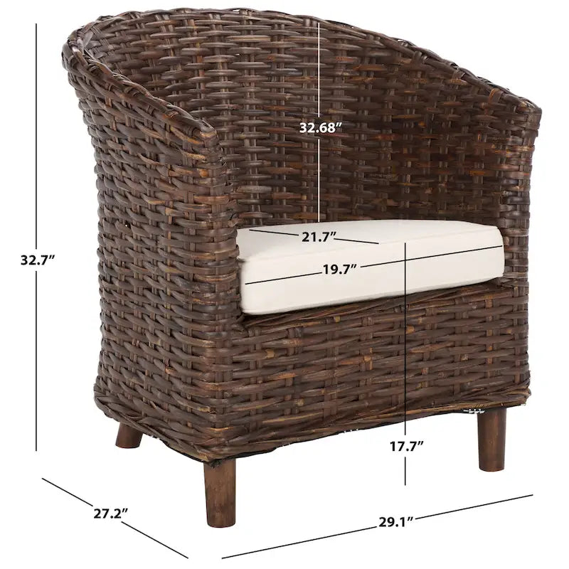British Colonial Woven Rattan Barrel Chair with Cushion - 29W x 27D x 33H in.