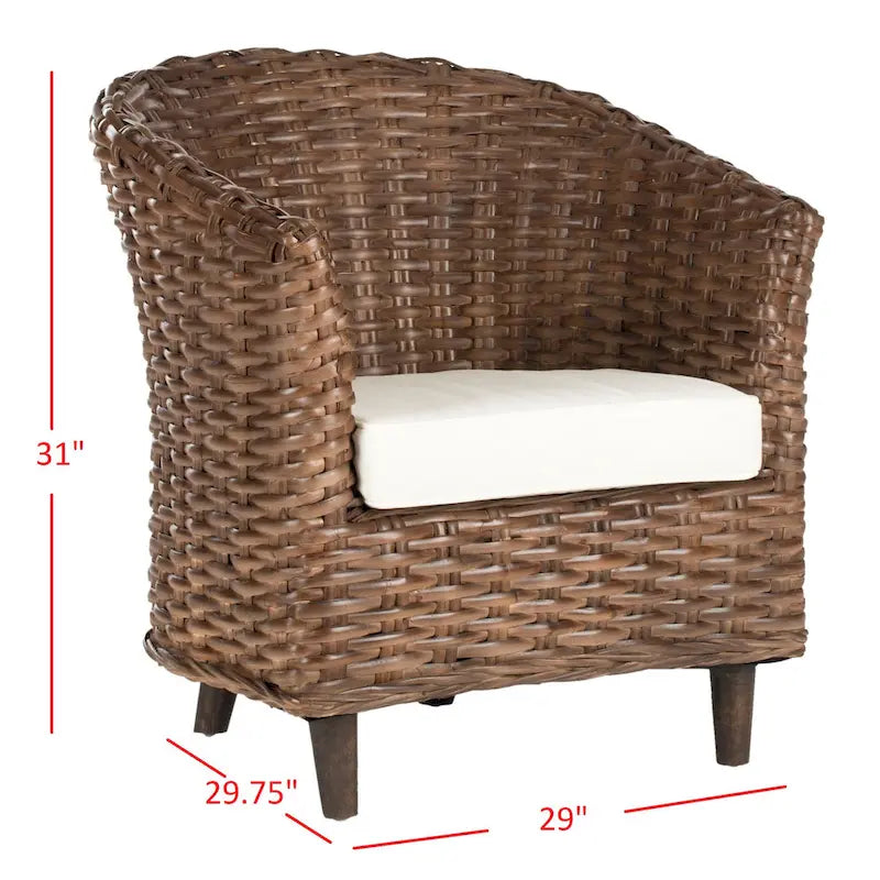British Colonial Woven Rattan Barrel Chair with Cushion - 29W x 27D x 33H in.