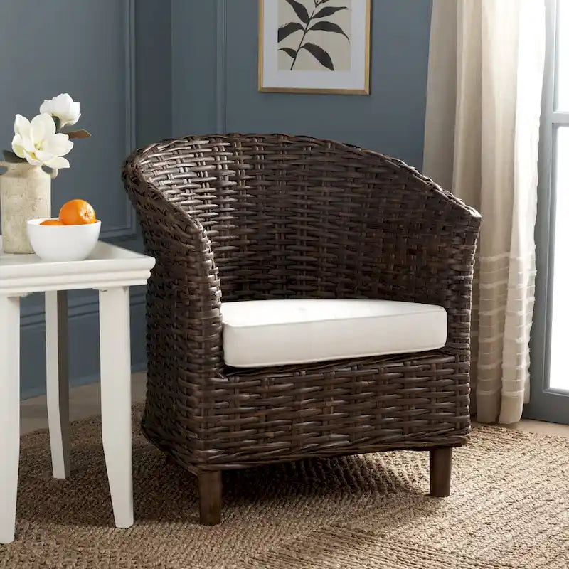 British Colonial Woven Rattan Barrel Chair with Cushion - 29W x 27D x 33H in.
