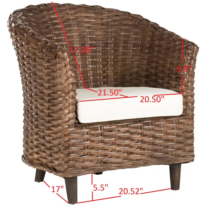 British Colonial Woven Rattan Barrel Chair with Cushion - 29W x 27D x 33H in.
