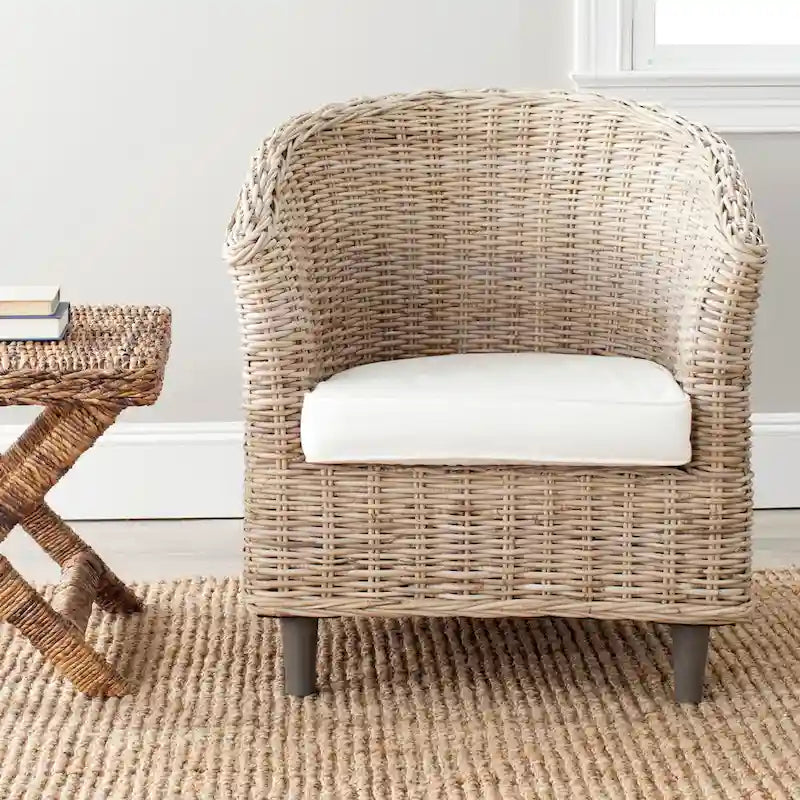 British Colonial Woven Rattan Barrel Chair with Cushion - 29W x 27D x 33H in.