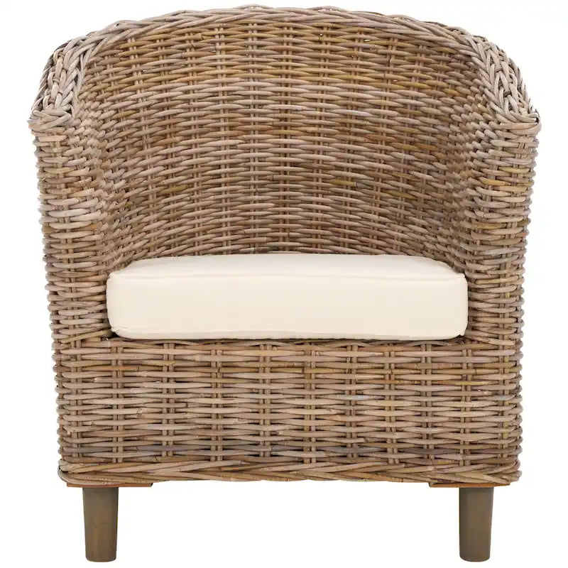 British Colonial Woven Rattan Barrel Chair with Cushion - 29W x 27D x 33H in.