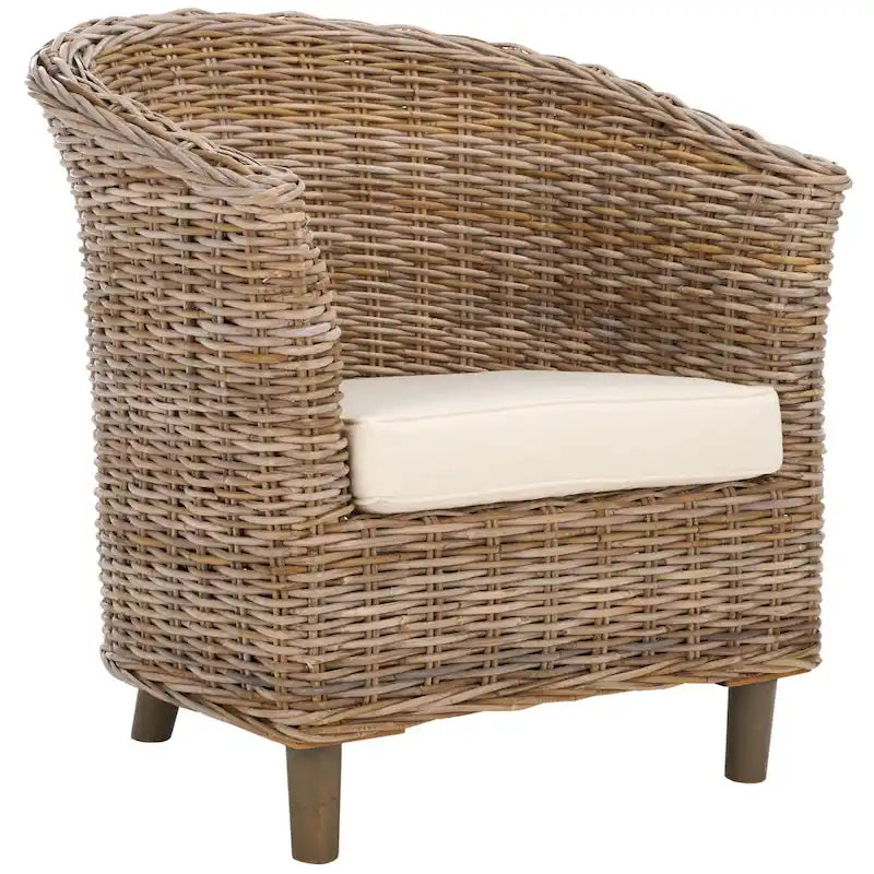 British Colonial Woven Rattan Barrel Chair with Cushion - 29W x 27D x 33H in.