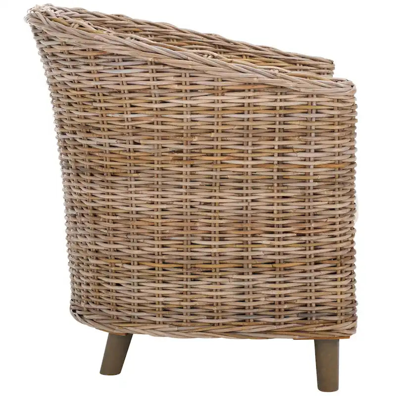 British Colonial Woven Rattan Barrel Chair with Cushion - 29W x 27D x 33H in.