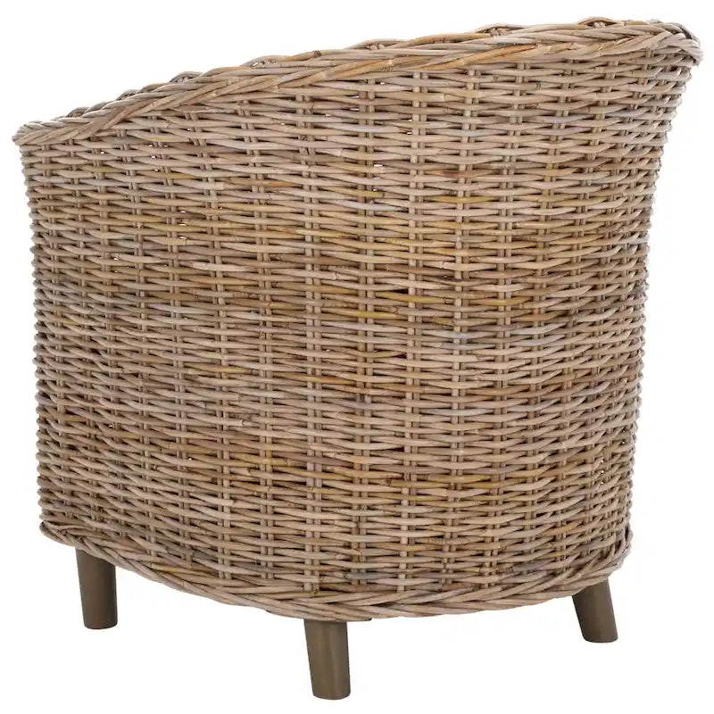 British Colonial Woven Rattan Barrel Chair with Cushion - 29W x 27D x 33H in.