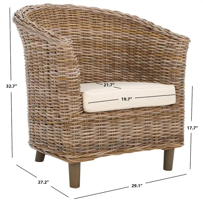 British Colonial Woven Rattan Barrel Chair with Cushion - 29W x 27D x 33H in.