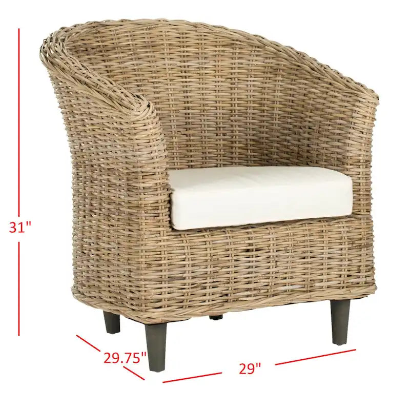 British Colonial Woven Rattan Barrel Chair with Cushion - 29W x 27D x 33H in.