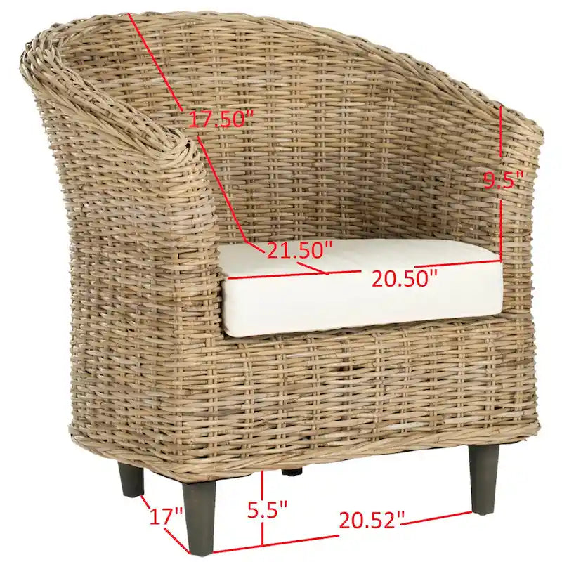 British Colonial Woven Rattan Barrel Chair with Cushion - 29W x 27D x 33H in.